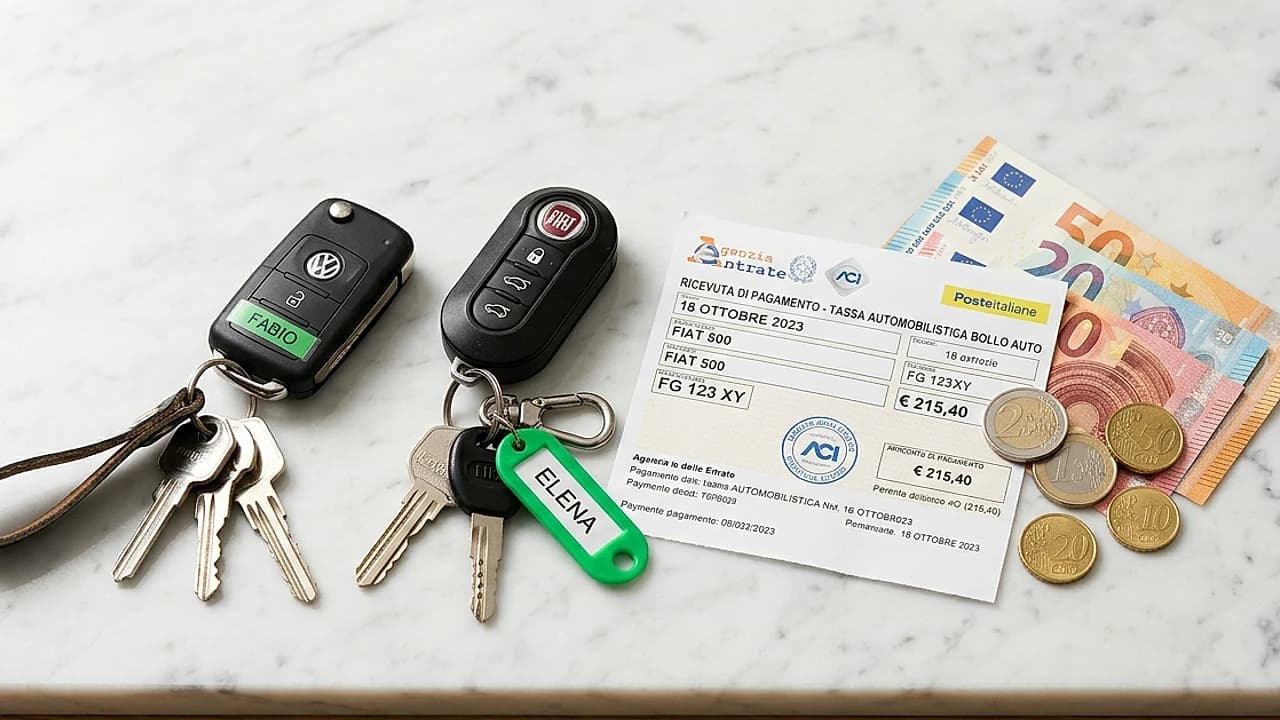 Due mazzi di chiavi auto accanto a una ricevuta di pagamento del bollo, bollo auto cointestata 2026