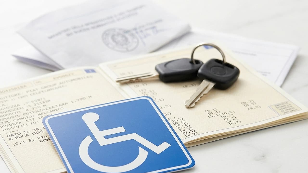 Chiavi auto su libretto di circolazione con simbolo disabilità internazionale, bollo auto disabili 2026