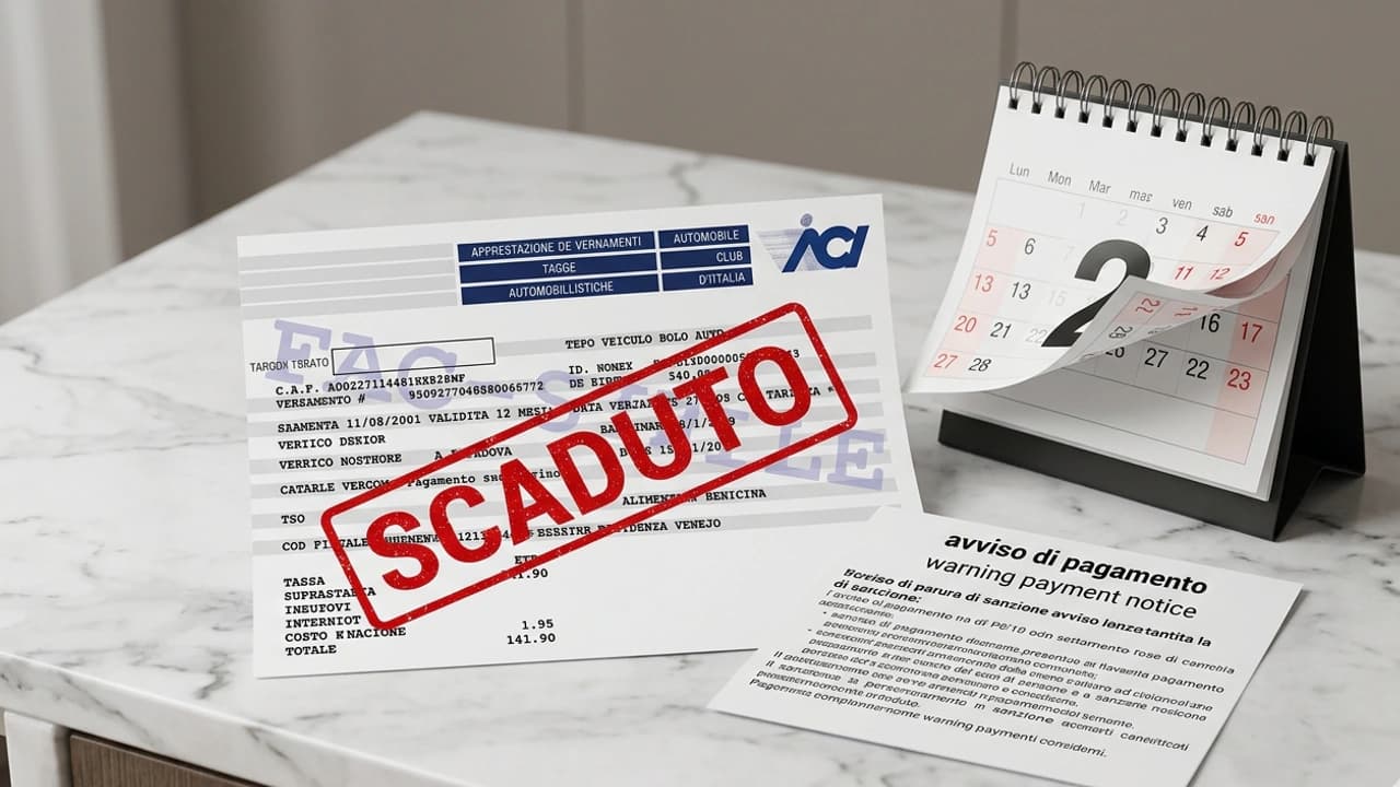 Documento bollettino bollo auto con timbro SCADUTO rosso e avviso di pagamento su sfondo marmo bianco