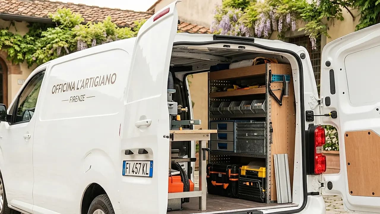 Furgone commerciale bianco parcheggiato in un cortile luminoso, tema bollo autocarro 2026 e calcolo per portata.