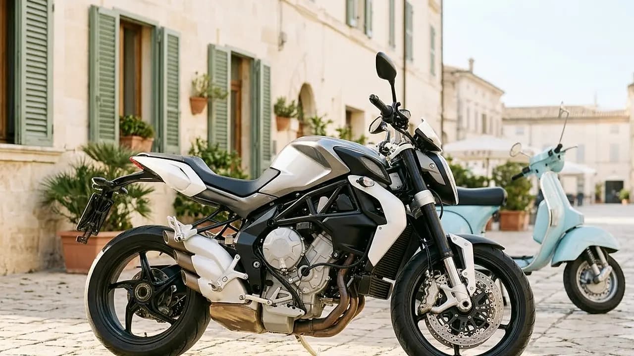 Moto naked parcheggiata in una piazza italiana accanto a uno scooter 125, simbolo del bollo moto 2027 e dell'esenzione