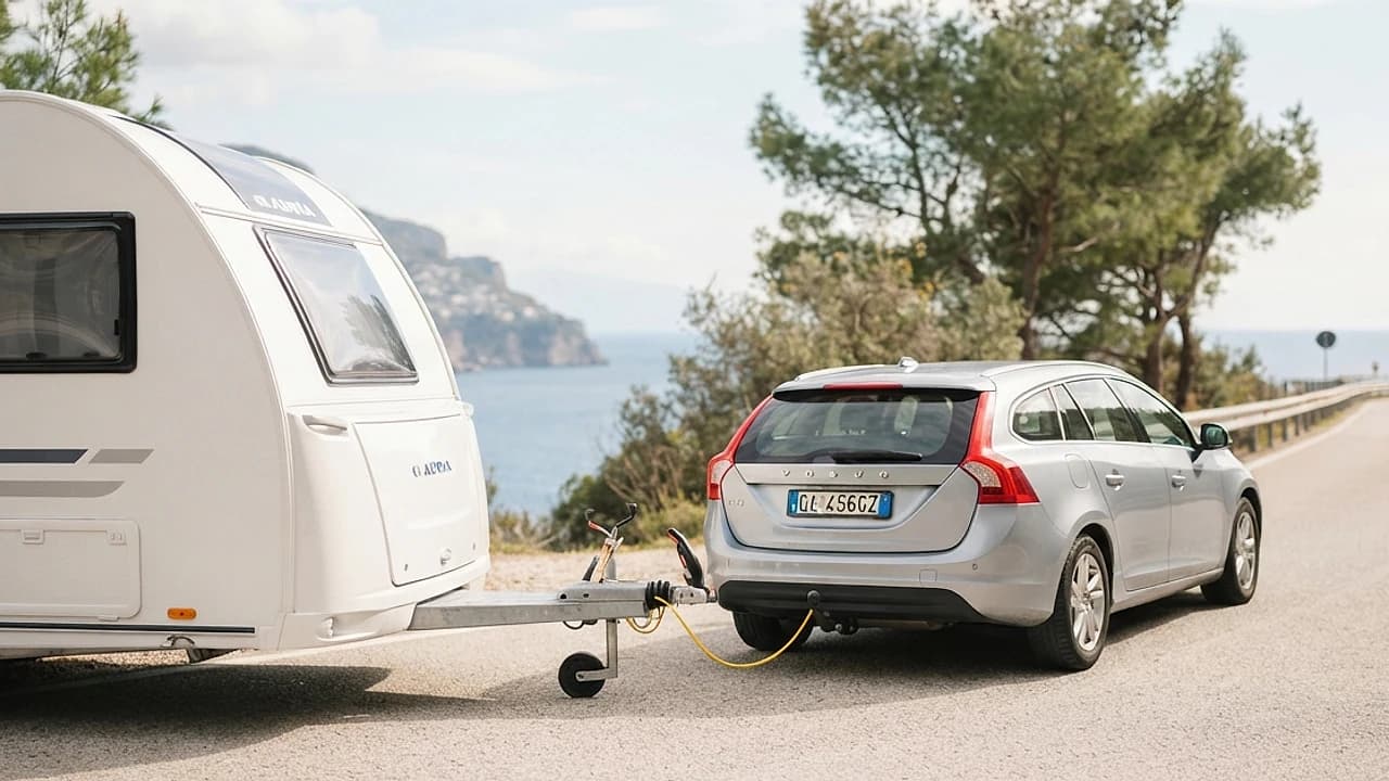 Caravan bianca agganciata al gancio di traino di un'auto su una strada italiana, tema bollo rimorchio e caravan 2026.