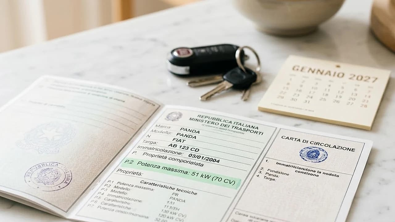 Carta di circolazione con il campo della potenza in kW evidenziato accanto alle chiavi di un'utilitaria, esenzione bollo 2027