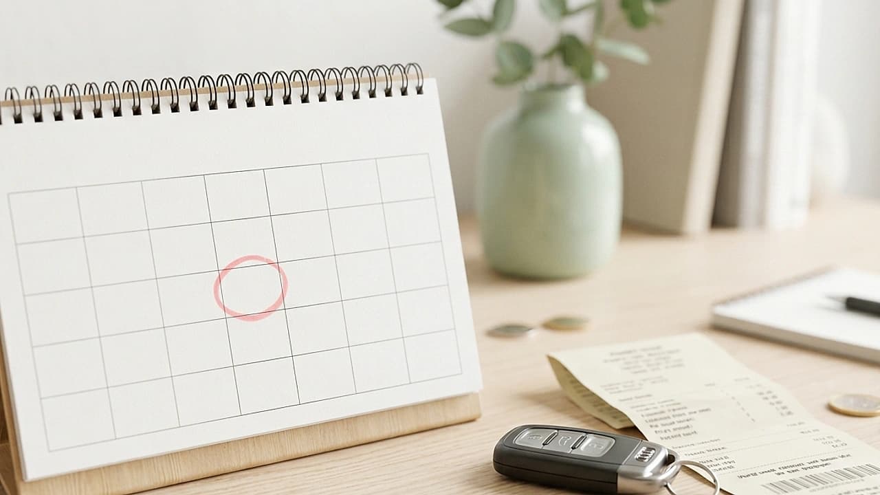 Calendario con data di scadenza bollo auto 2026 cerchiata, chiave dell'auto e ricevuta di pagamento su scrivania