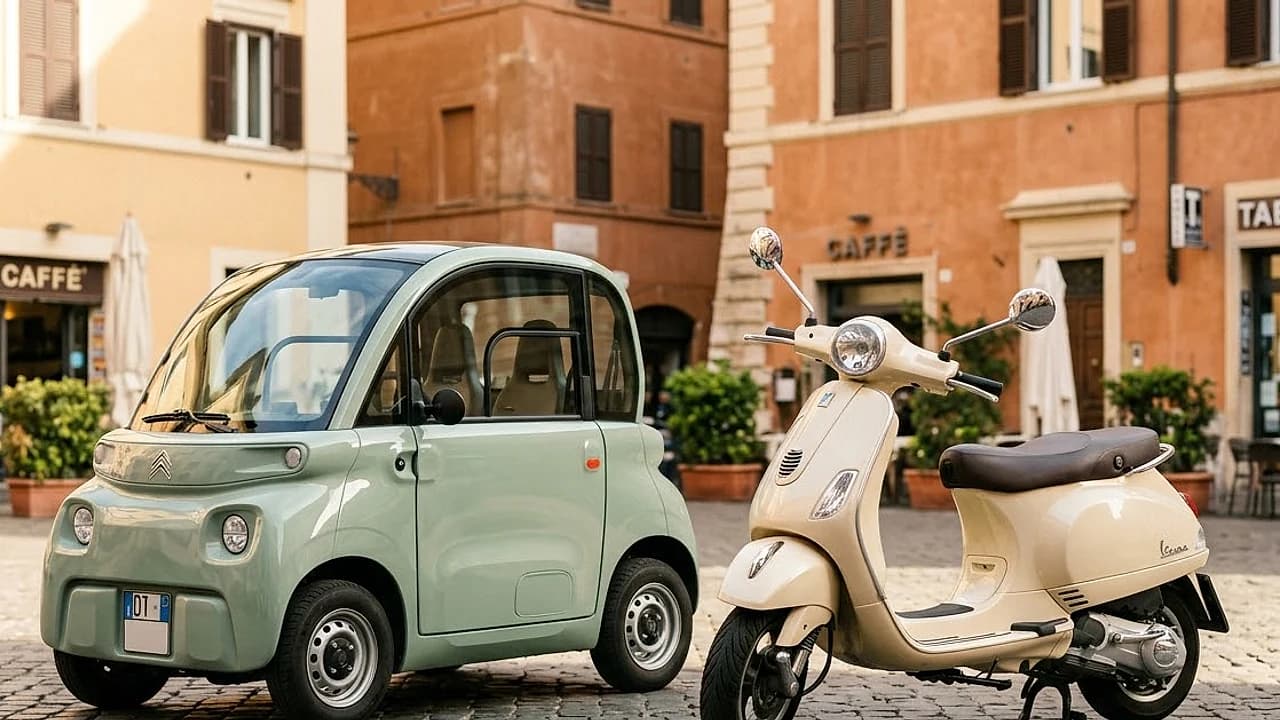 Scooter 50cc e minicar parcheggiati al sole, veicoli guidabili con la patente AM nel 2026