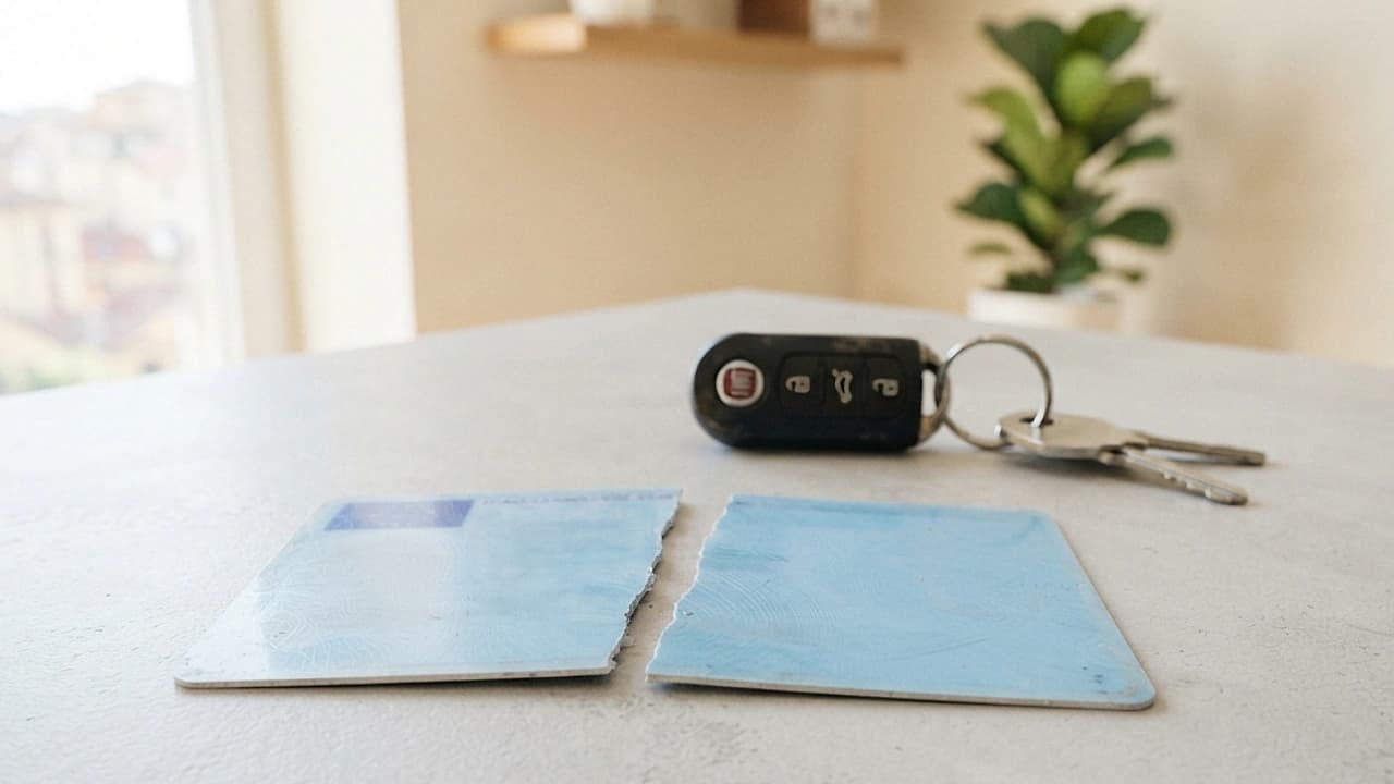 Patente di guida italiana spezzata su scrivania chiara accanto a chiavi auto, revoca patente 2026