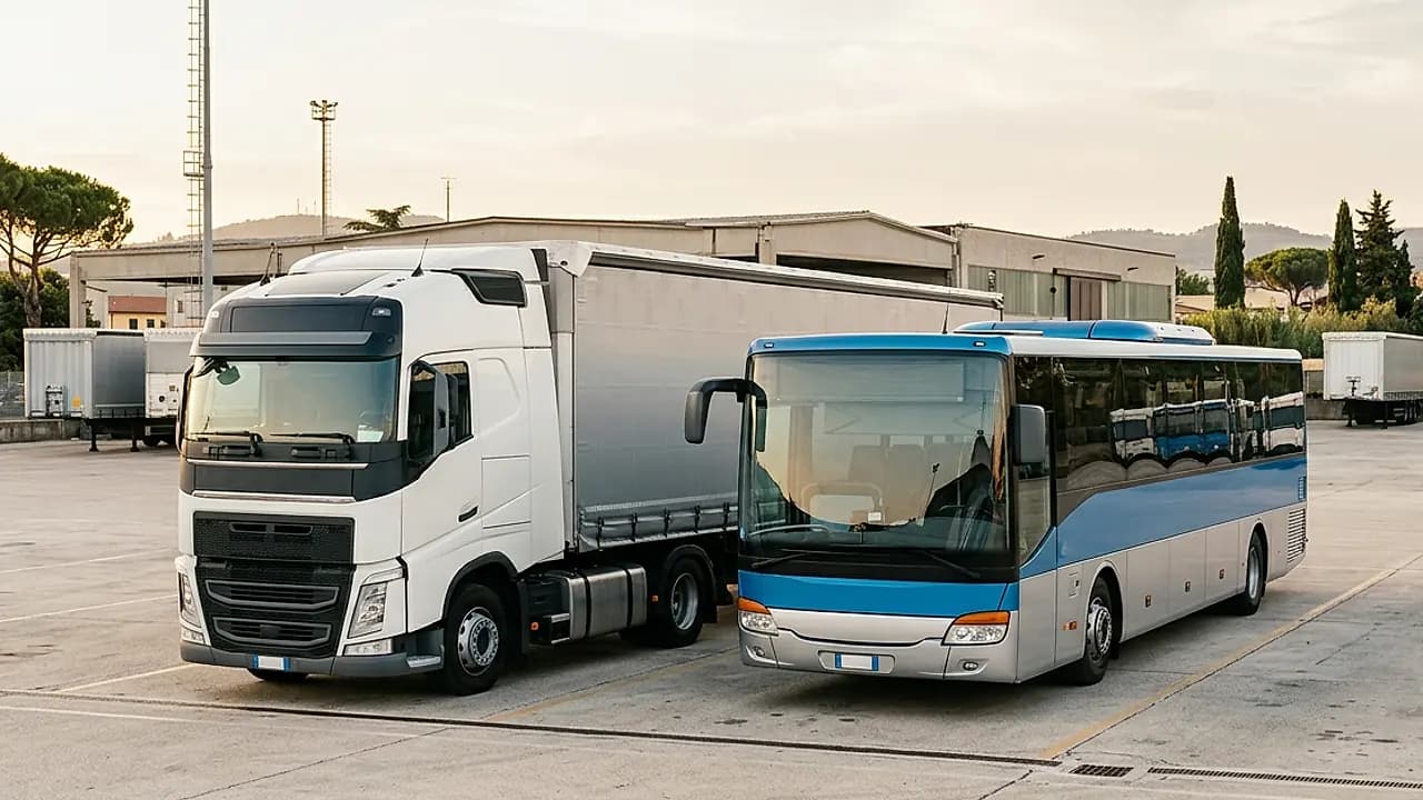 Camion e autobus parcheggiati in un piazzale luminoso, simbolo del rinnovo della CQC per autisti professionali.