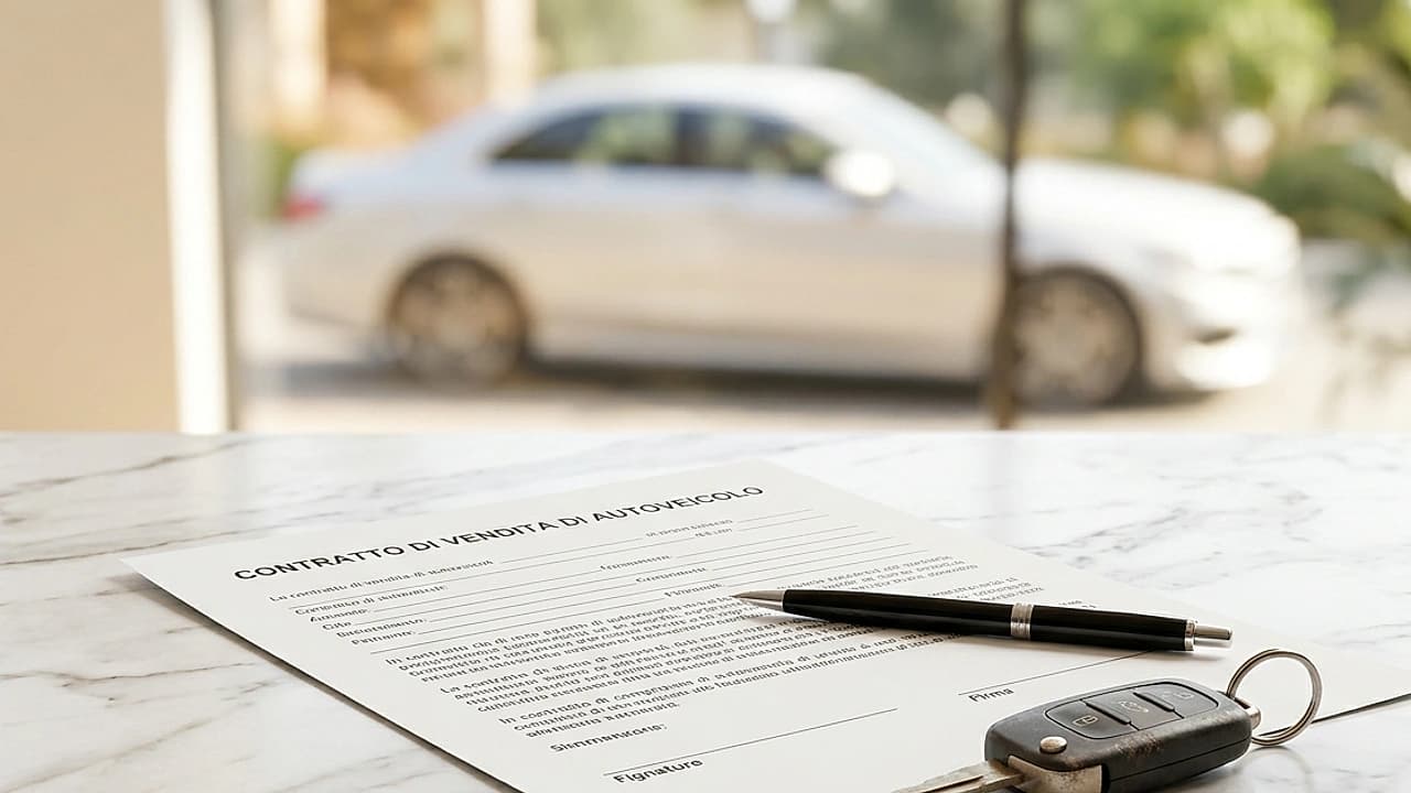 Atto di vendita auto tra privati compilato accanto alle chiavi di un'auto usata su una scrivania luminosa.