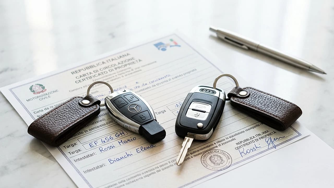 Due set di chiavi auto su un Documento Unico di Circolazione su scrivania chiara, concetto di auto cointestata al PRA