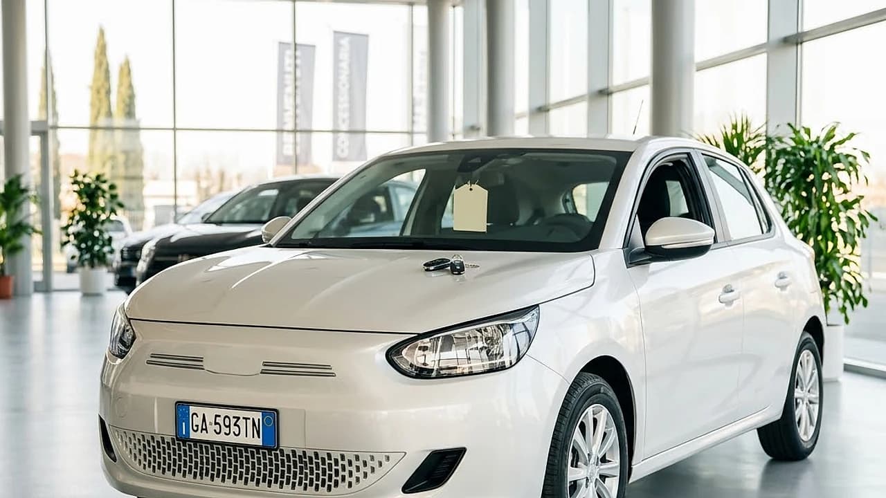 Auto km 0 già targata nello showroom di un concessionario, con chiavi e cartellino sul cruscotto prima del passaggio