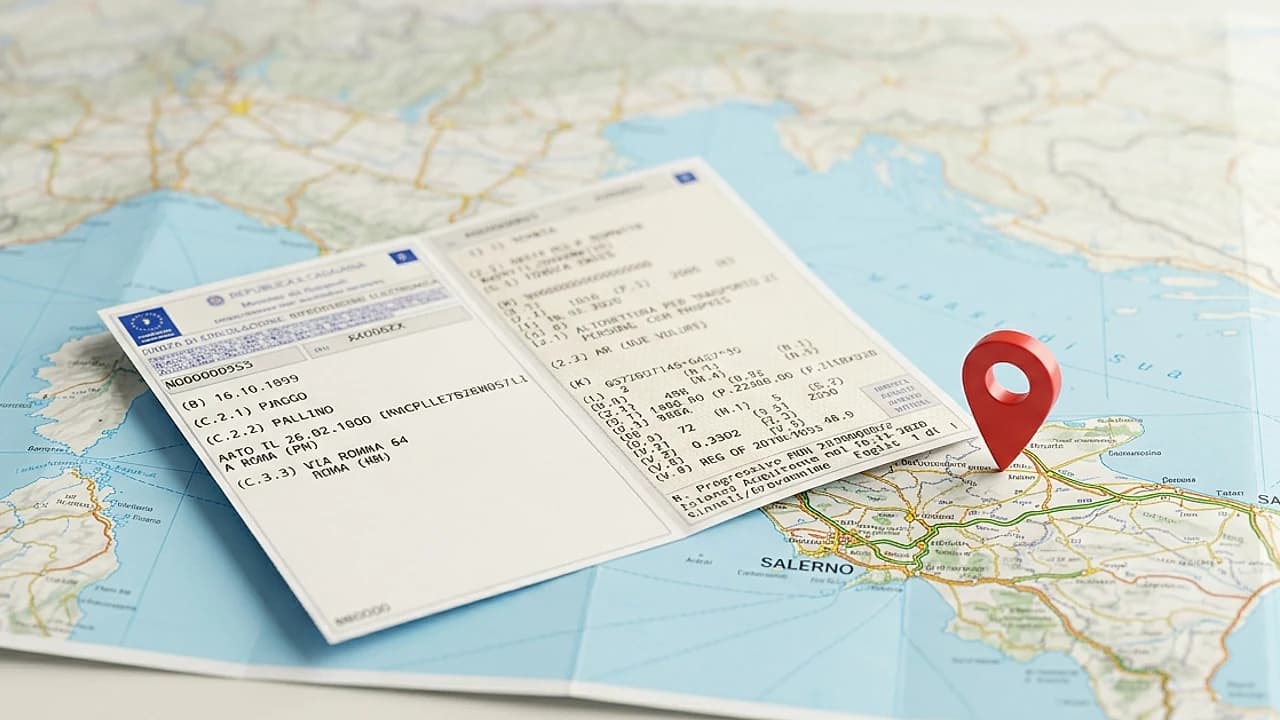 Carta di circolazione e Documento Unico su una mappa stradale per il cambio di residenza al PRA 2026