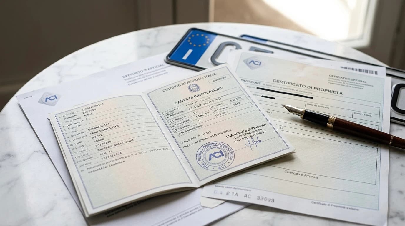 Documenti del Pubblico Registro Automobilistico con timbro ACI su marmo bianco, pratiche auto ufficiali e targa