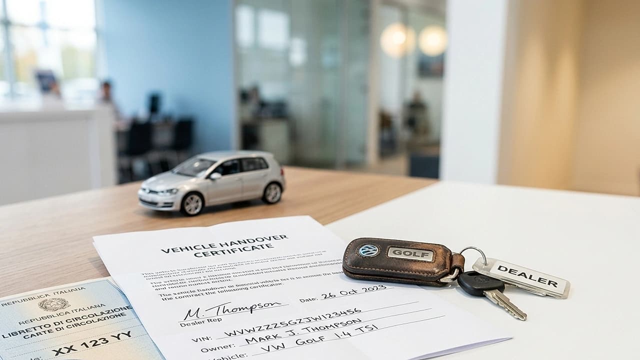 Chiavi auto e certificato di minivoltura su scrivania di concessionario, registrazione al PRA 2026