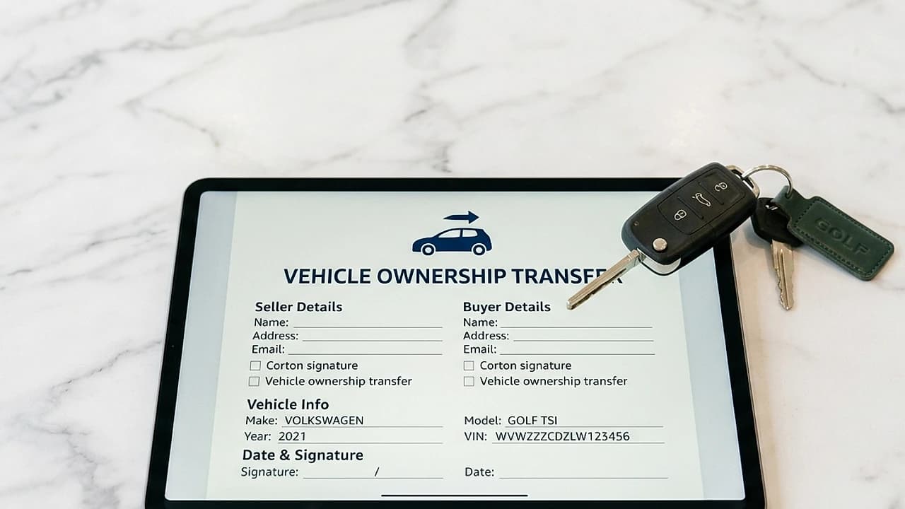 Passaggio di proprietà auto online 2026: chiavi e smartphone con pratica digitale su scrivania chiara