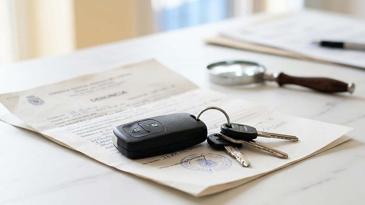 Set di chiavi auto e denuncia di furto su una scrivania chiara, simbolo della perdita di possesso auto al PRA 2026