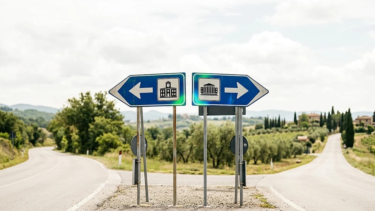 Bivio stradale con due cartelli, PRA-ACI e Motorizzazione Civile, che illustra la differenza tra i due registri auto nel 2026