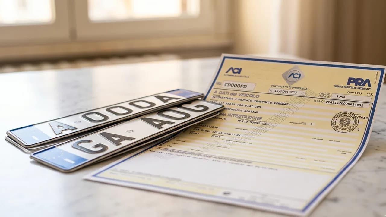 Certificato di proprietà auto e targhe italiane su scrivania in marmo — radiazione PRA 2026