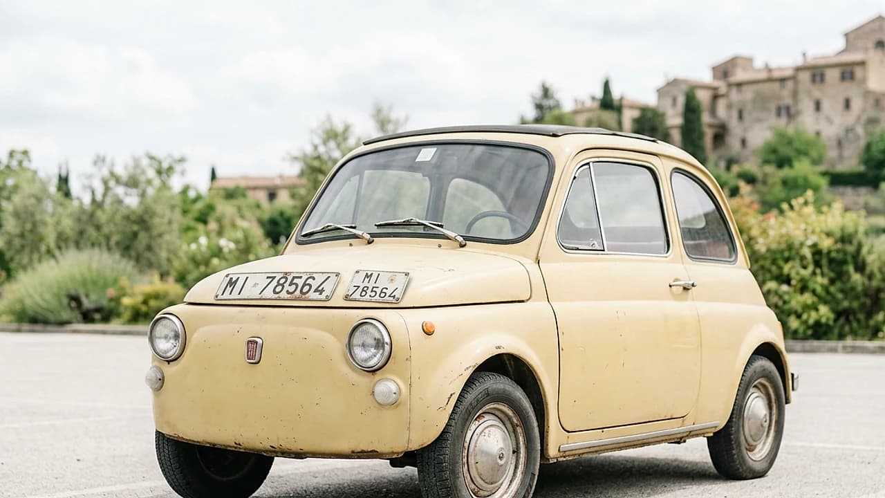 Vecchia auto italiana con le due targhe smontate sul cofano, pronta per la rottamazione in un centro autorizzato 2026.