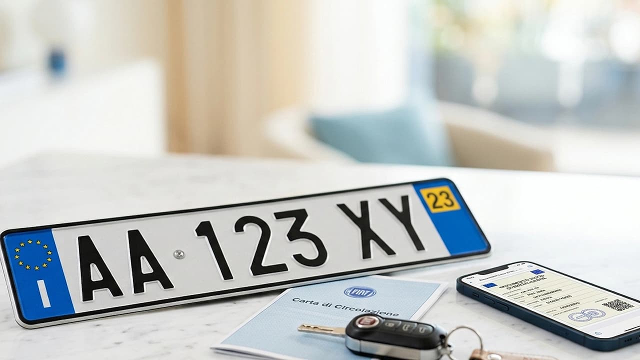 Targa auto italiana e smartphone con documento veicolo su scrivania luminosa, richiesta visura PRA online 2026 dai canali ACI