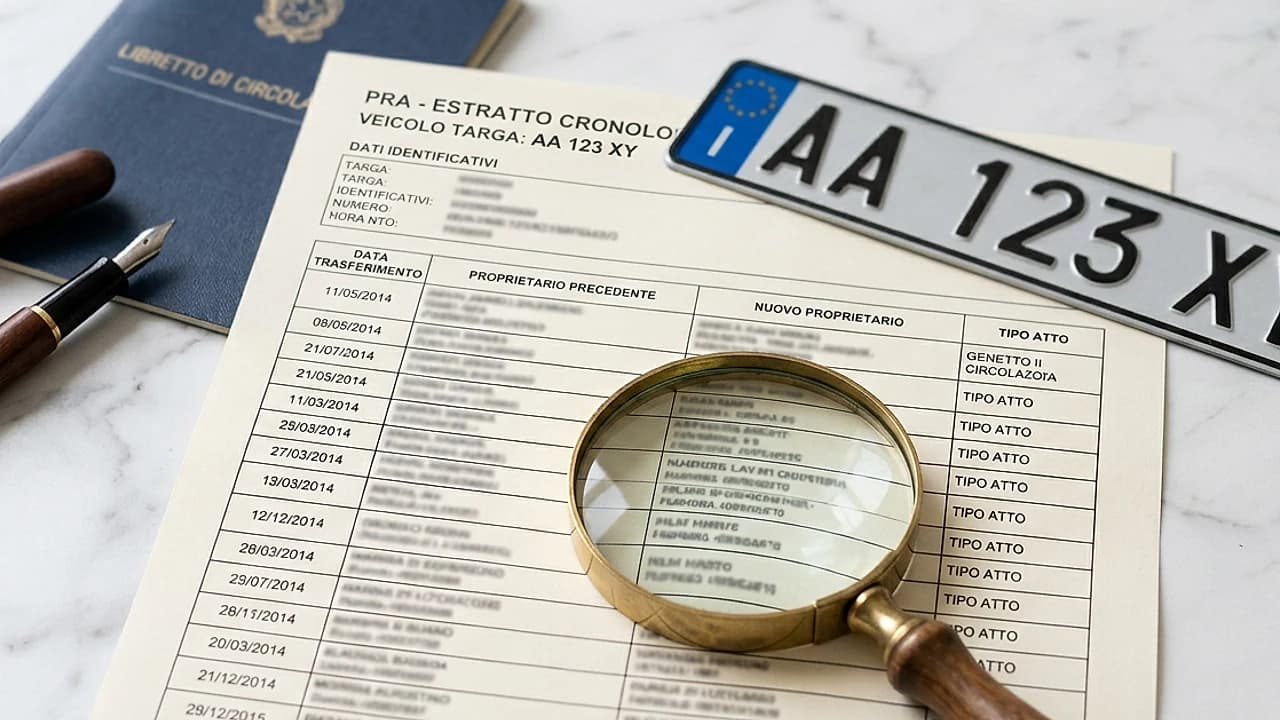 Estratto cronologico PRA con targa italiana e lente su scrivania, documento con la storia dei proprietari di un auto usata