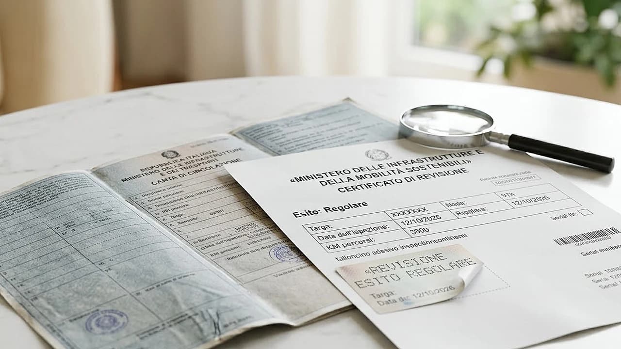Tagliando adesivo e certificato di revisione auto sul libretto, con esito, data, chilometri e codice in evidenza