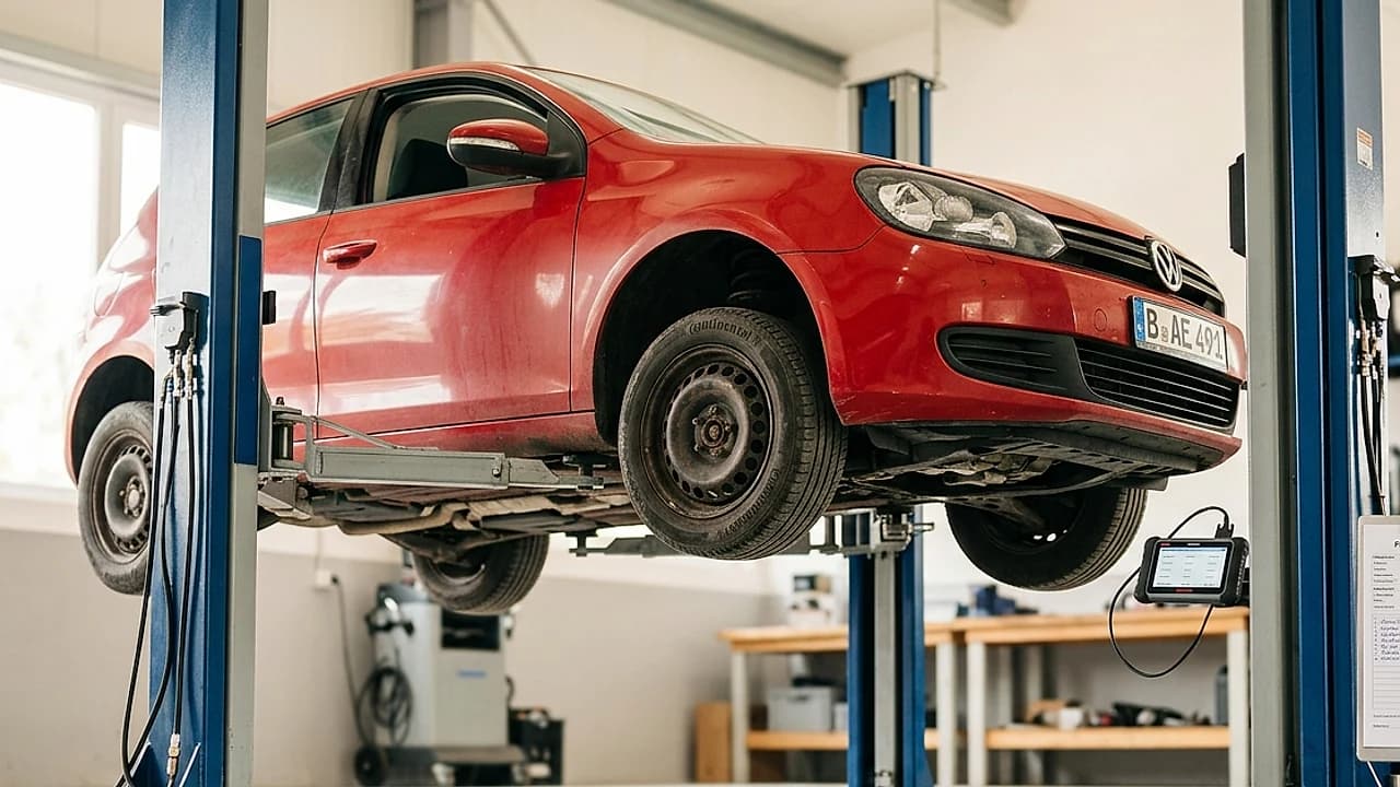 Auto usata su ponte sollevatore in officina per il controllo della revisione prima dell'acquisto