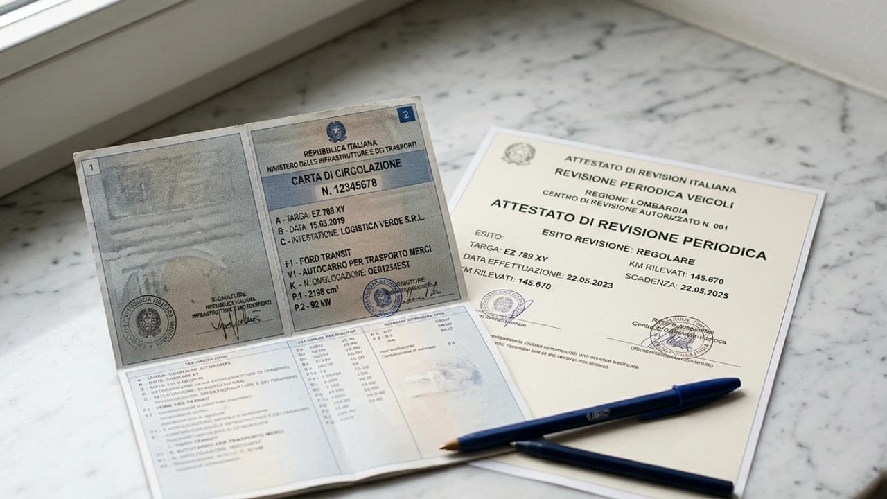 Furgone commerciale N1 in un centro revisione MIT con attrezzatura diagnostica 2026, nessun volto