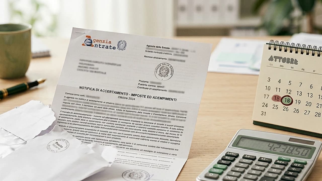 Avviso di accertamento del bollo auto 2026 su scrivania chiara con calcolatrice, calendario e modulo di pagamento pagoPA