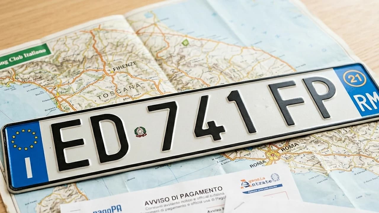 Targa auto usata su mappa regionale italiana accanto a una cartella di pagamento bollo arretrato e una visura PRA