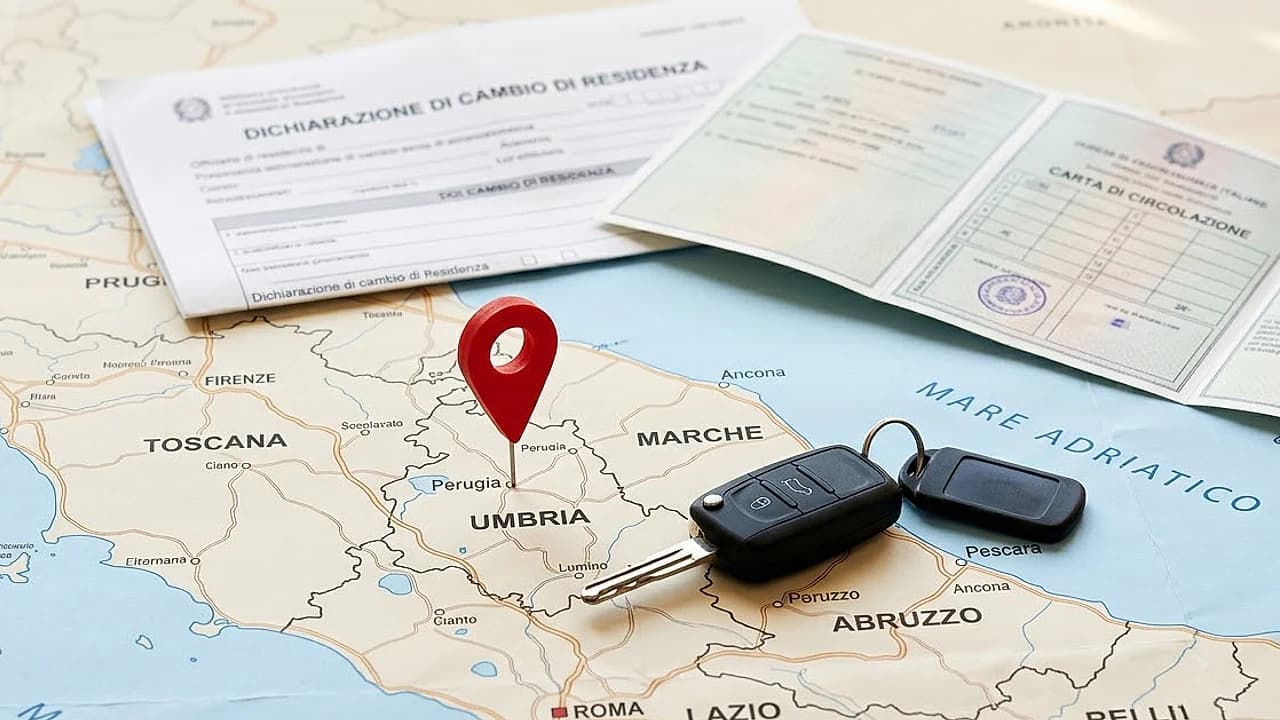 Mappa delle regioni italiane con segnaposto e chiavi dell'auto: bollo auto e cambio di residenza tra regioni nel 2026.
