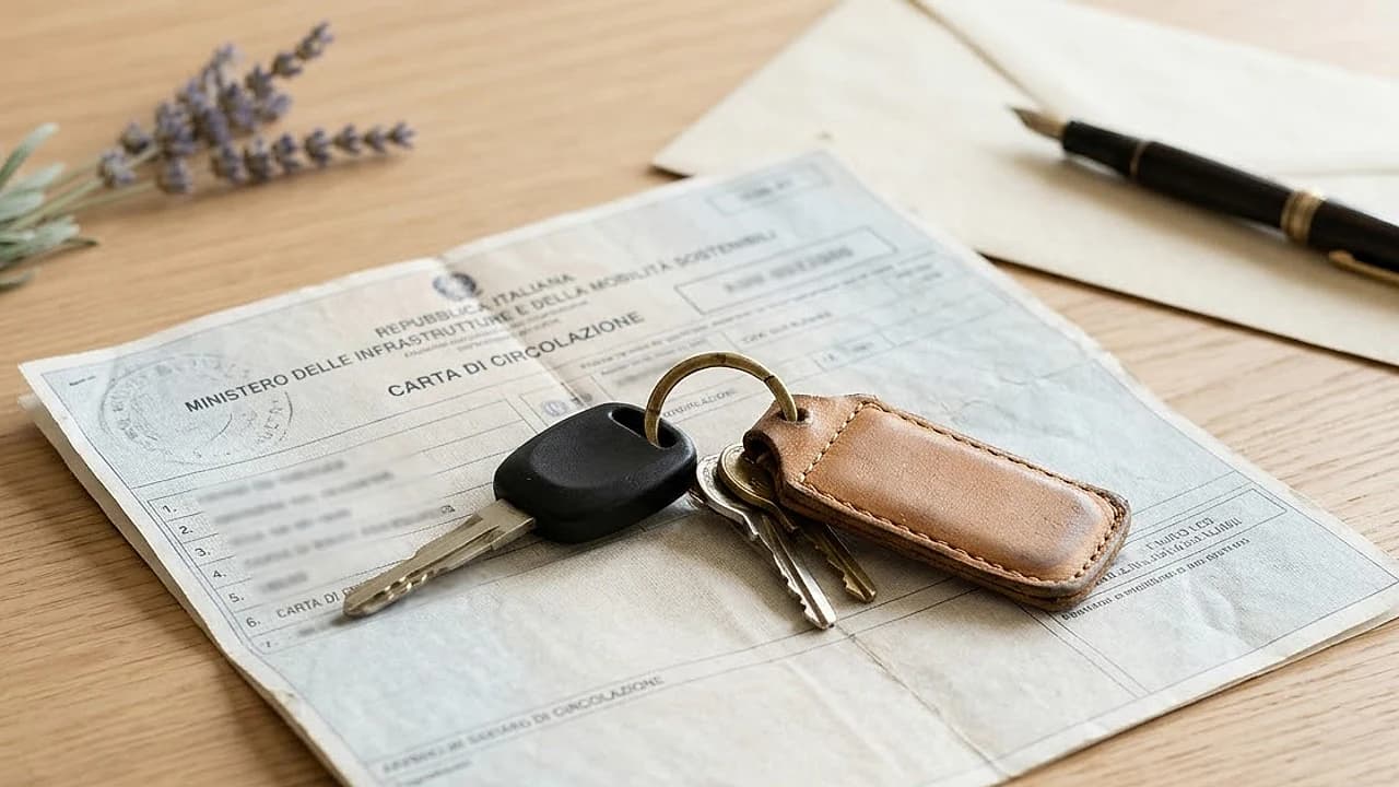 Chiavi di un'auto e carta di circolazione su un tavolo di legno chiaro, simbolo del bollo auto del defunto pagato dagli eredi