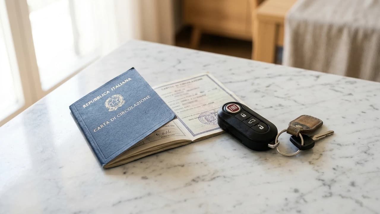 Chiave auto e libretto di circolazione su piano marmo bianco, esenzione bollo auto elettriche ibride Italia 2026