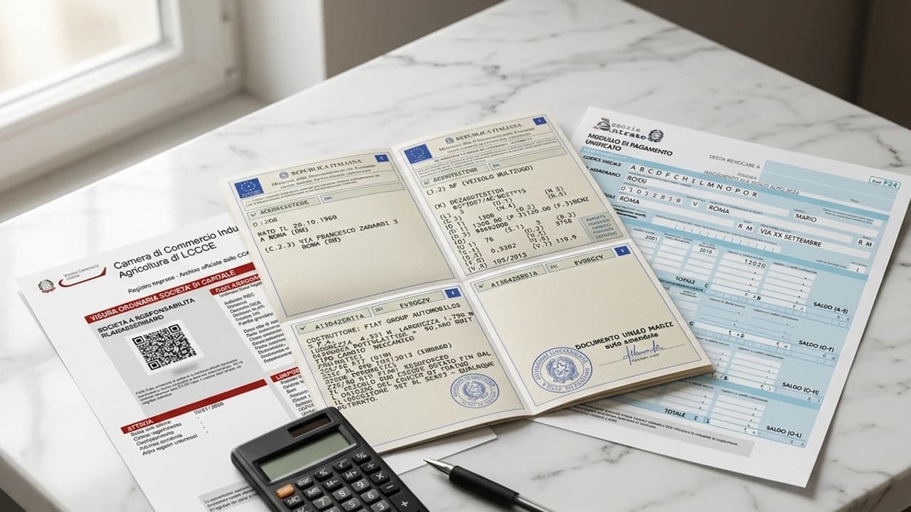 Libretto di circolazione di un'auto aziendale e modulo bollo auto 2026 con calcolatrice e timbro societario su scrivania in marmo bianco.