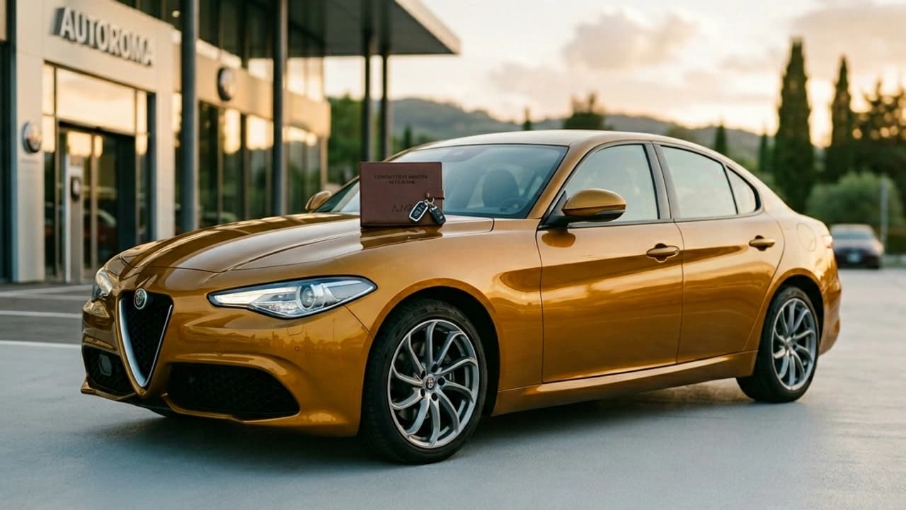 Auto moderna ferma davanti a una concessionaria con contratto di leasing e chiavi sul cofano — bollo auto leasing 2026