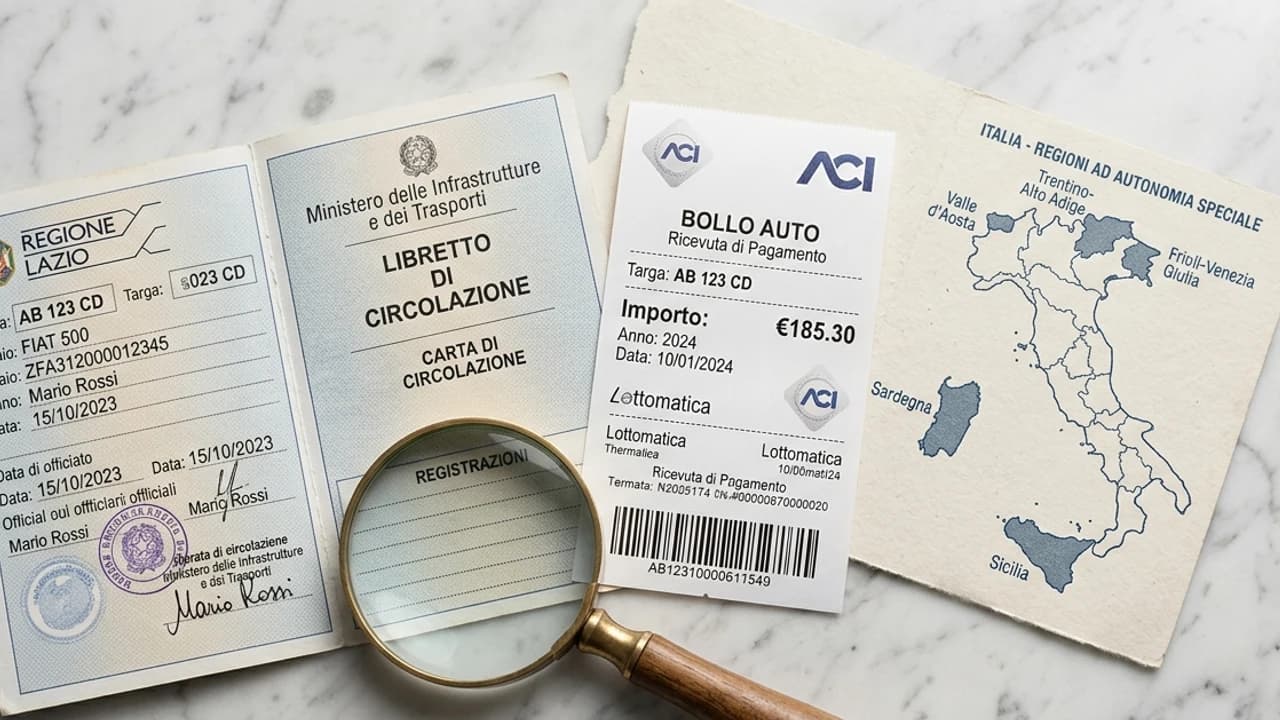 Libretto di circolazione auto, bollettino di pagamento bollo e mappa stilizzata delle regioni italiane a statuto speciale su superficie in marmo chiaro.