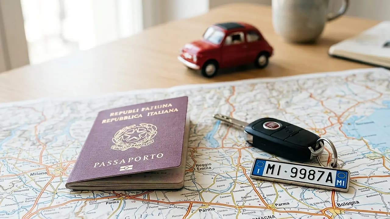 Auto italiana con targa nazionale parcheggiata all'estero, simbolo del bollo auto per residenti AIRE nel 2026.