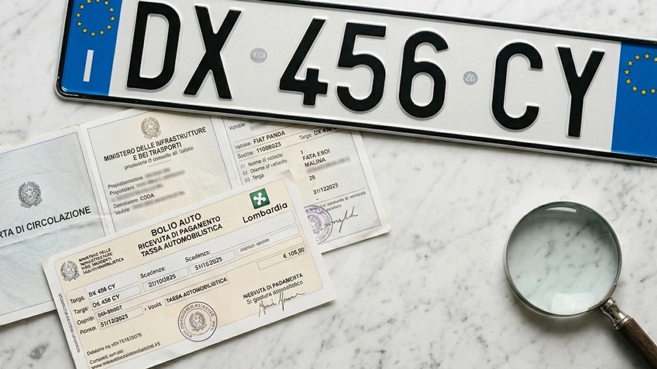 Bollettino del bollo auto e targa italiana su superficie di marmo, con lente di ingrandimento appoggiata diagonalmente sui documenti
