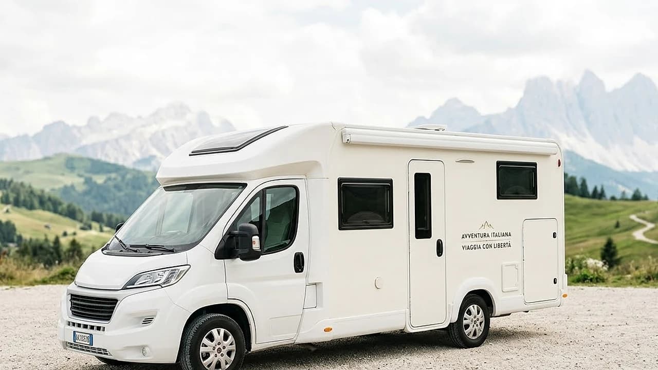 Camper autocaravan bianco parcheggiato su un piazzale chiaro con le Alpi sullo sfondo, simbolo del bollo camper 2026