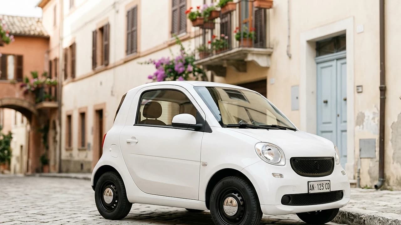 Minicar bianca parcheggiata in una via italiana luminosa, tema bollo minicar e quadricicli leggeri 2026.