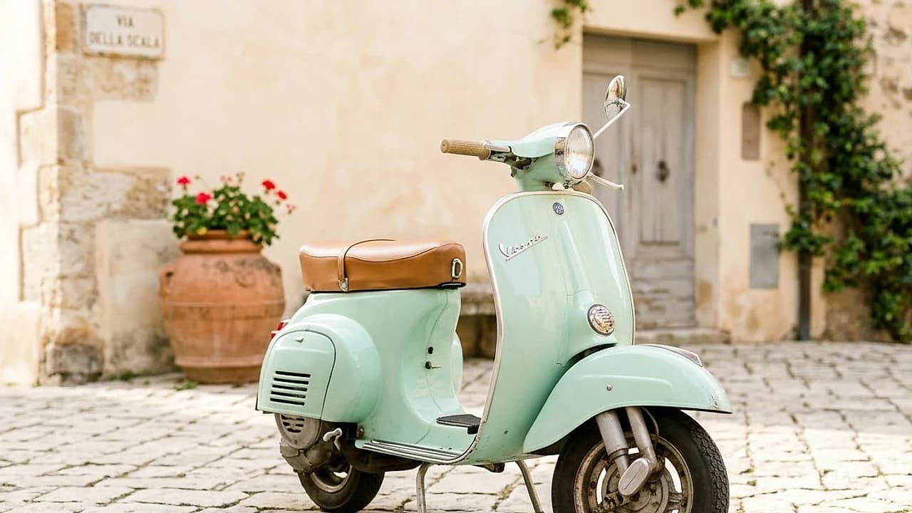 Scooter 50 cc parcheggiato su una strada lastricata italiana, simbolo del bollo motorino 50 e della tassa di circolazione