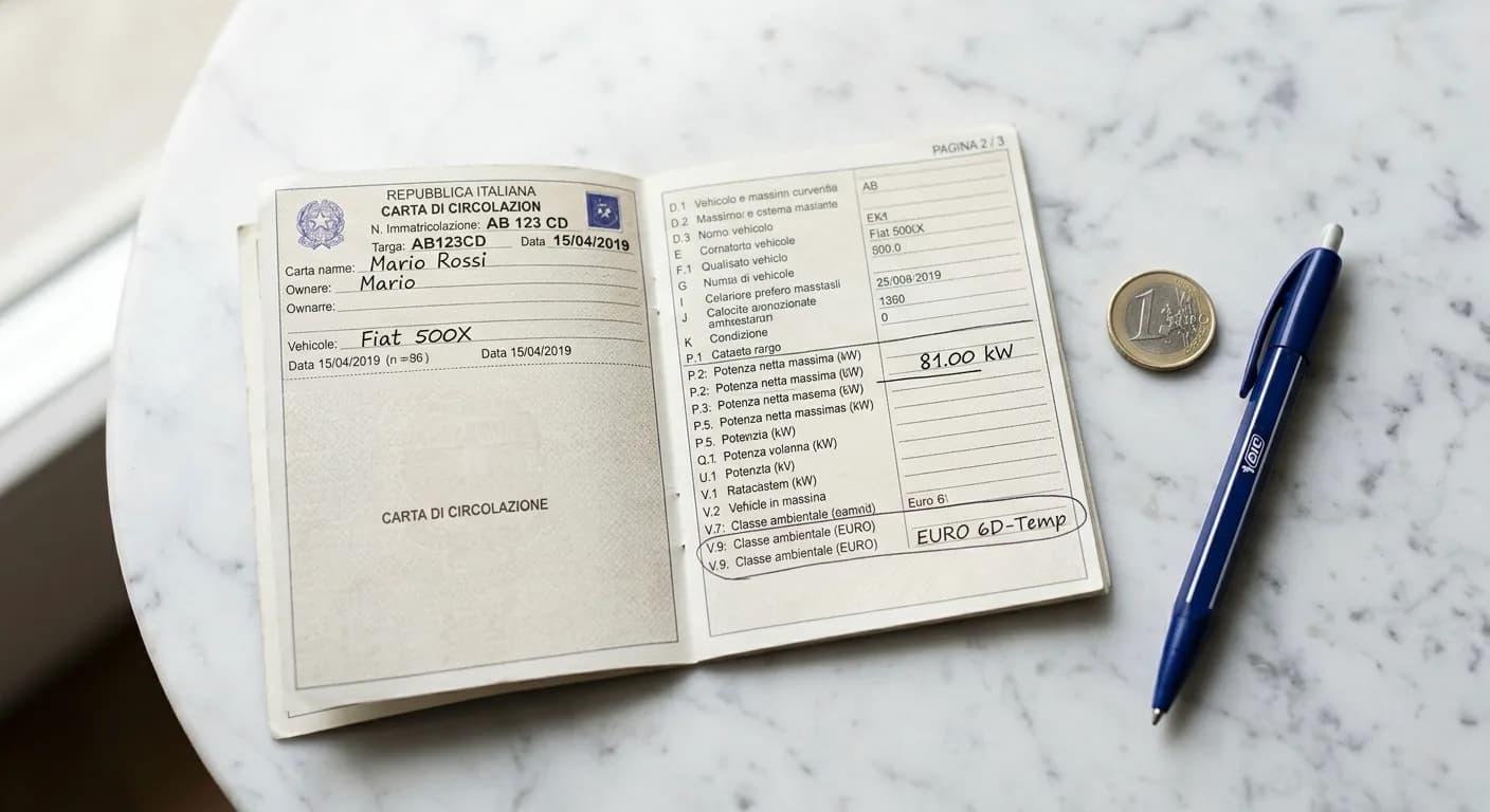 Carta di circolazione aperta con voce kW e classe Euro evidenziate — guida calcolo bollo auto 2026