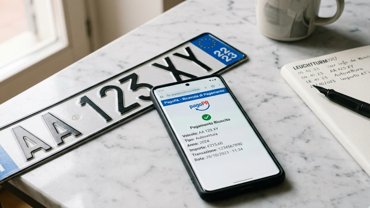 Pagamento bollo auto online su tablet con portale PagoPA, targa italiana sul tavolo, sfondo bianco neutro 2026