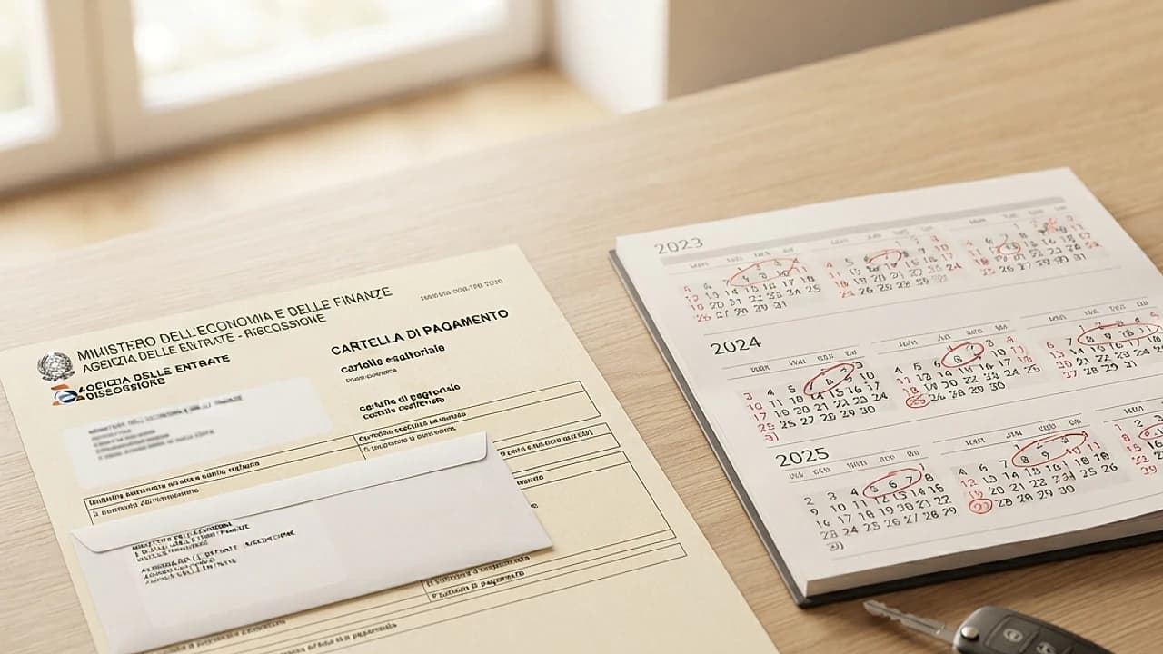 Cartella esattoriale del bollo auto con un calendario aperto e tre anni cerchiati in rosso su una scrivania chiara