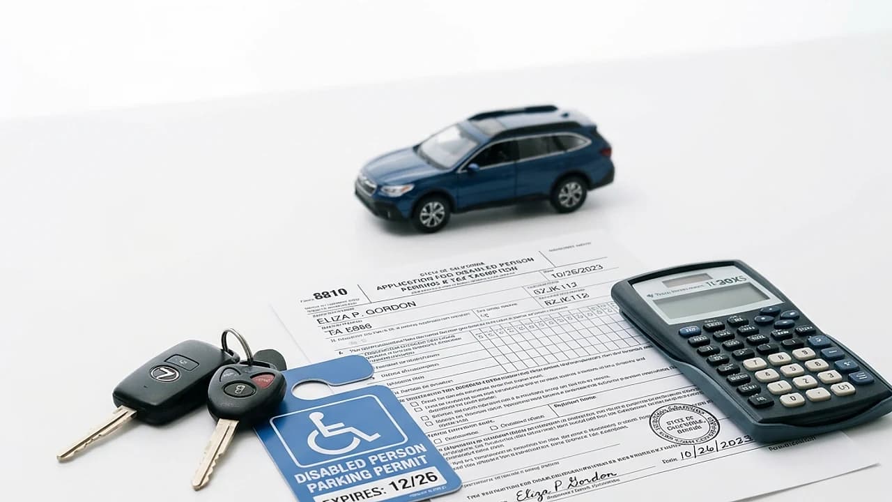 Chiavi auto e documento di esenzione bollo legge 104 su scrivania luminosa