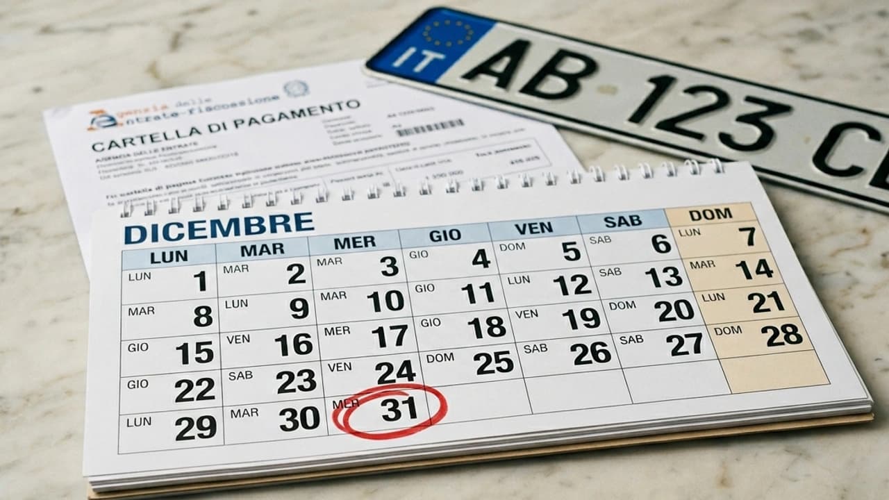 Calendario con cerchiata la data del 31 dicembre accanto a una cartella di pagamento del bollo auto e una targa italiana