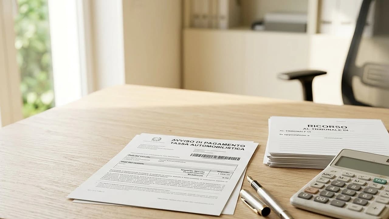 Scrivania con avviso di pagamento del bollo auto, calcolatrice e modulo di ricorso tributario pronto da compilare