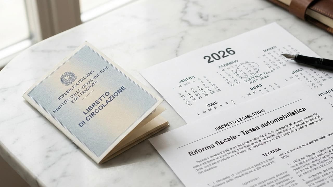 Modulo riforma bollo auto 2026 con calendario scadenze personalizzate e libretto di circolazione su marmo bianco