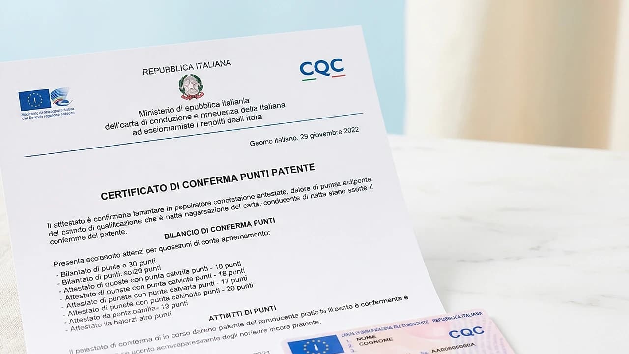 Attestato ufficiale punti patente e documento professionale CQC su scrivania motorizzazione