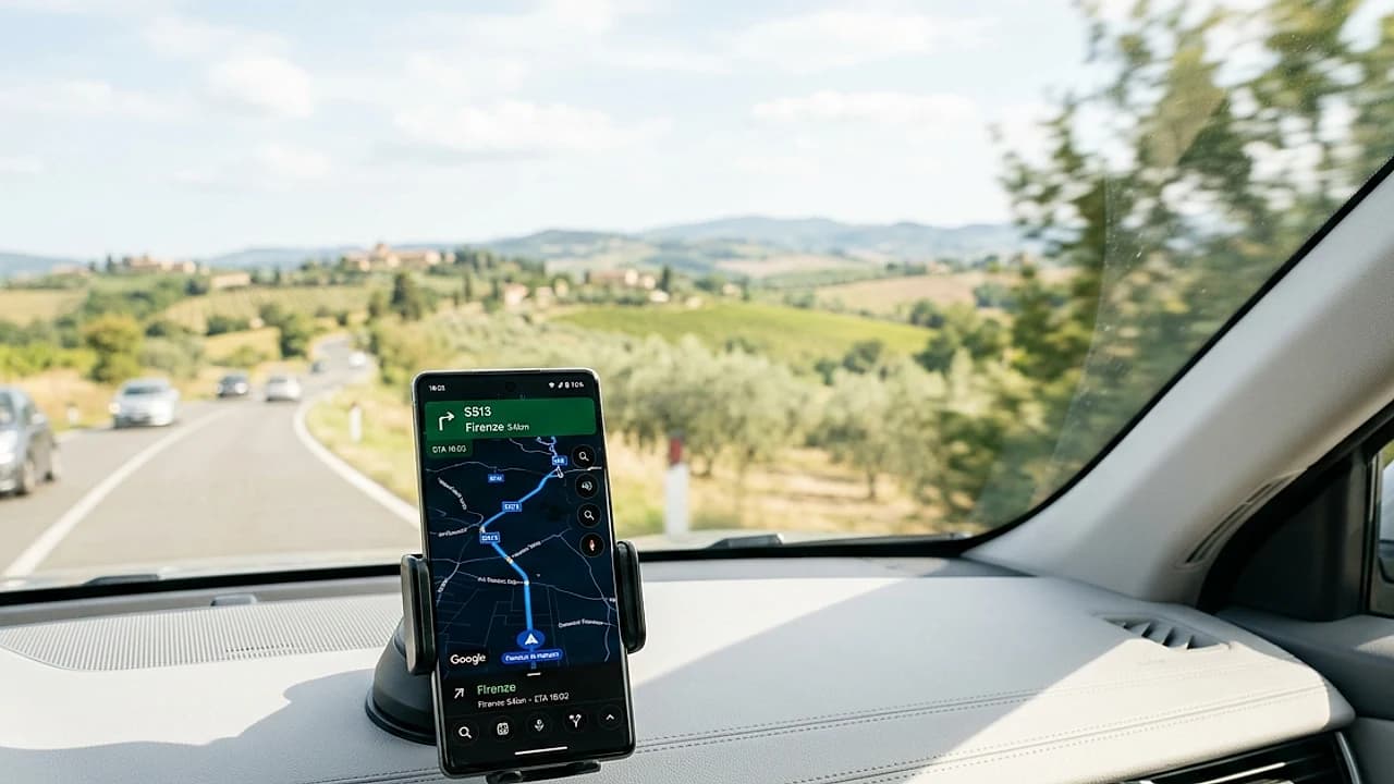 Smartphone bloccato su supporto nell'abitacolo di un'auto in marcia, simbolo del divieto di uso del cellulare alla guida 2026