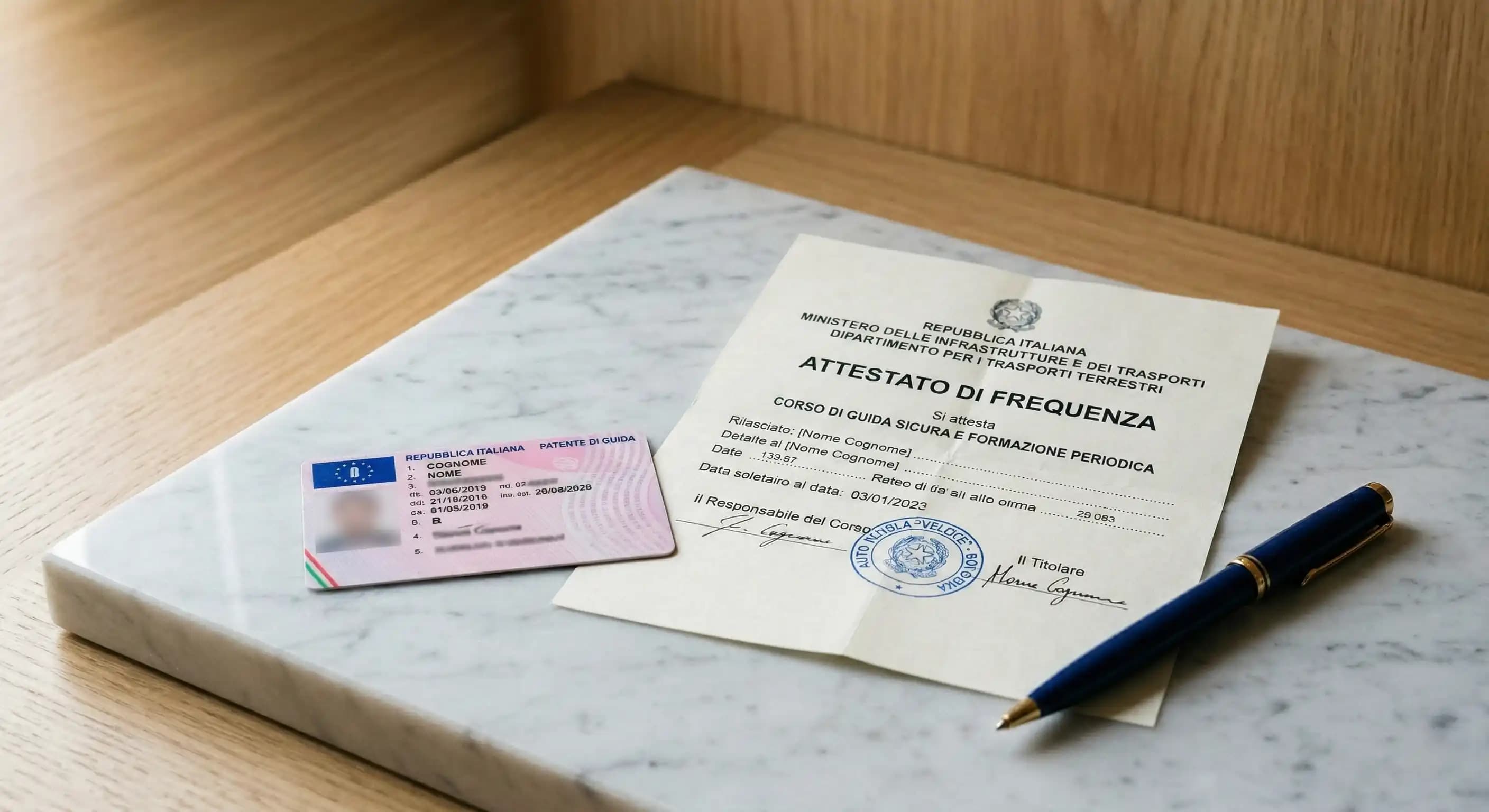 Patente di guida italiana su superficie in marmo accanto a un attestato di frequenza corso recupero punti 2026